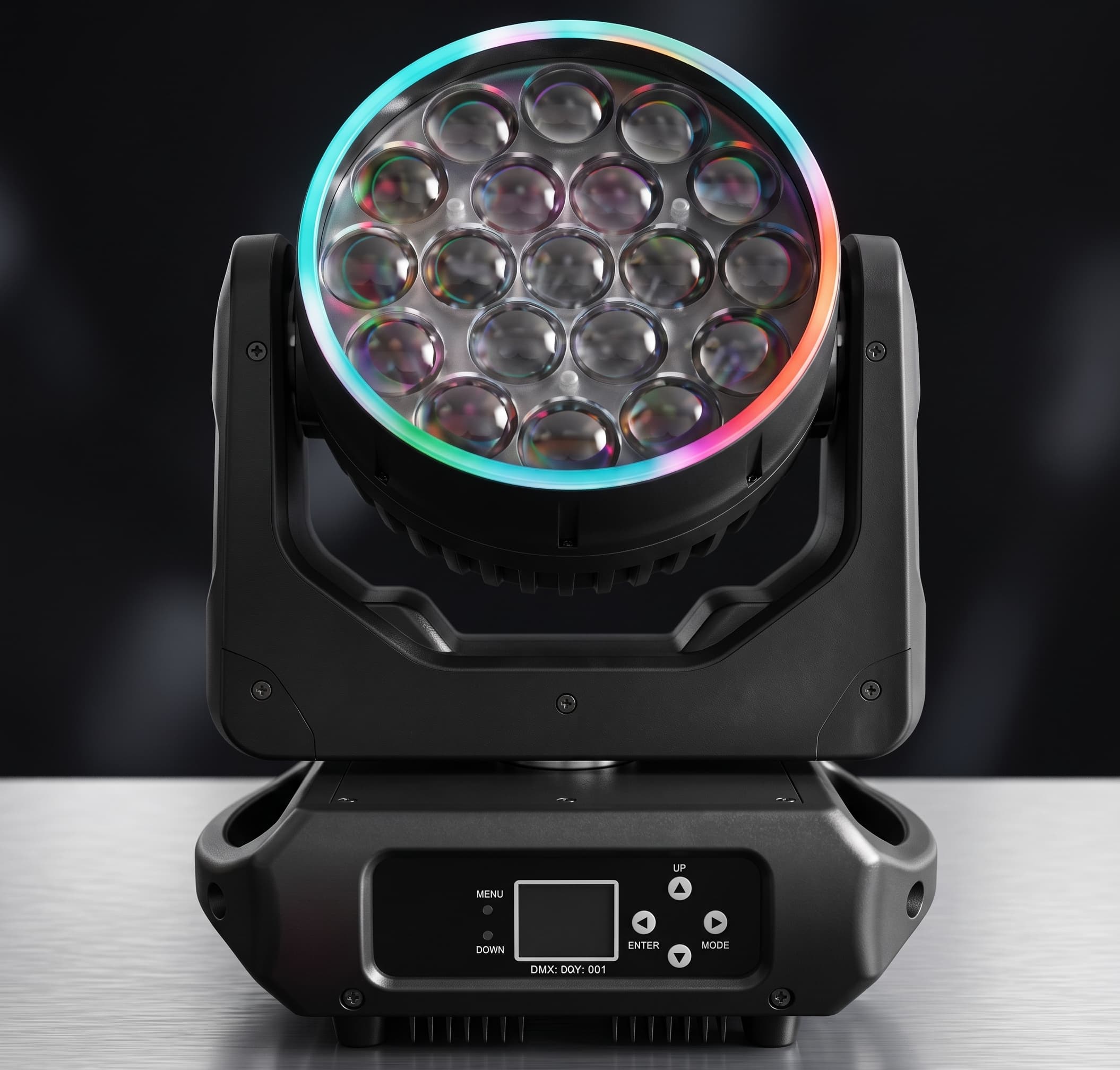 LED wash moving head с 19 диода по 15W и осветен RGB пръстен, сценично осветително тяло